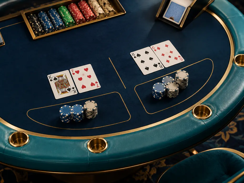 Meja baccarat dengan dua kelompok kartu dan cip