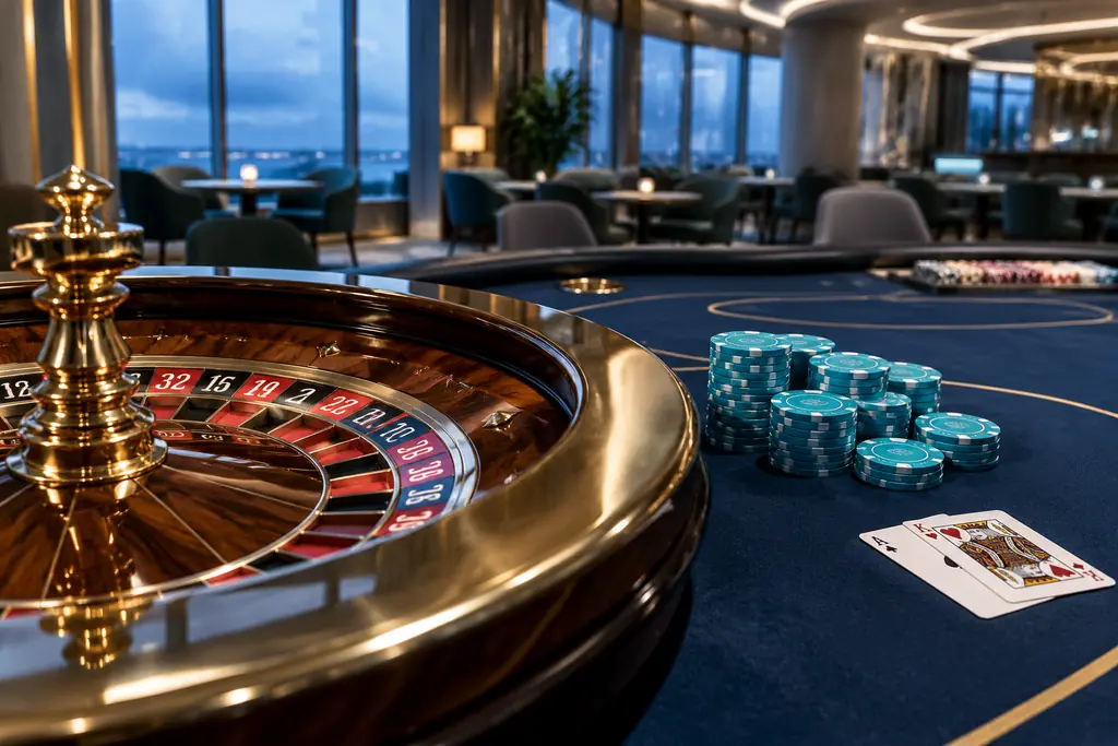 Sudut meja kasino dengan roda roulette, kartu dan cahaya biru