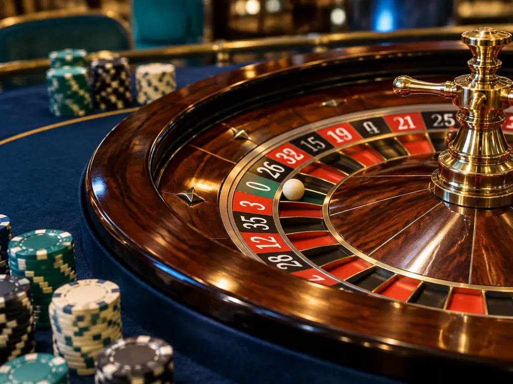 Roda roulette Eropa dengan satu angka nol dan cip