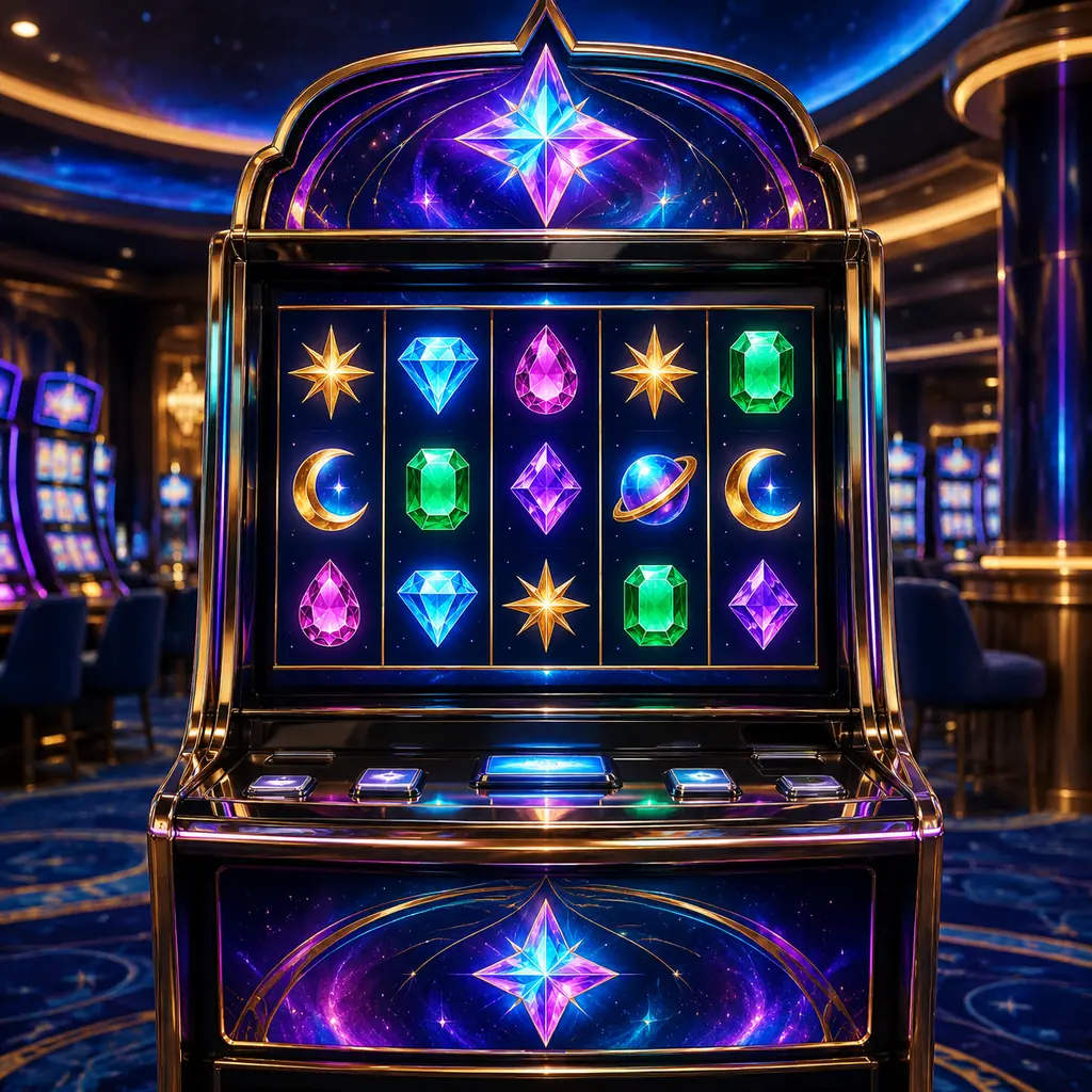 Mesin slot kasino dengan motif permata berwarna dan bintang